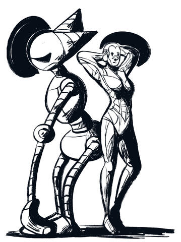 Muscle lady and robot guy